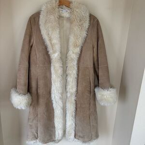 Wilsons‎ Leather Vintage Penny Lane Coat Faux Fur Lined Suede Long Y2K 70s Beige